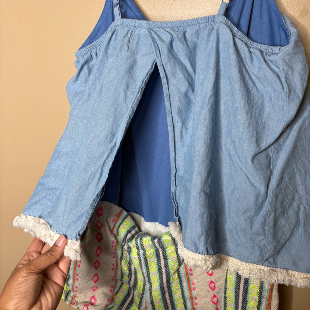 Judith March Women Blue Embroidered Fringe Split Back Romper Size Large Boho - Picture 5 of 7